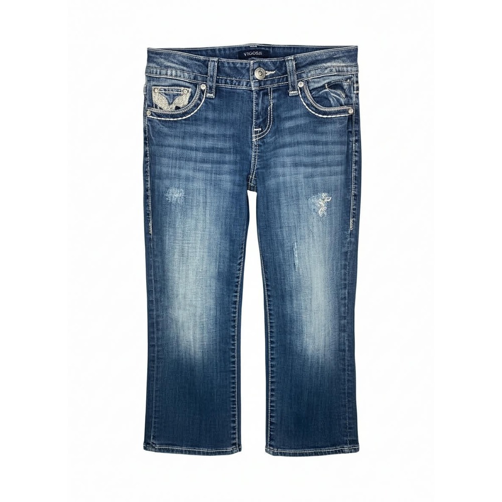 Vigoss The Chelsea Capri Jeans Women's Size 7 Blue Embellished Lace Y2K 2 button